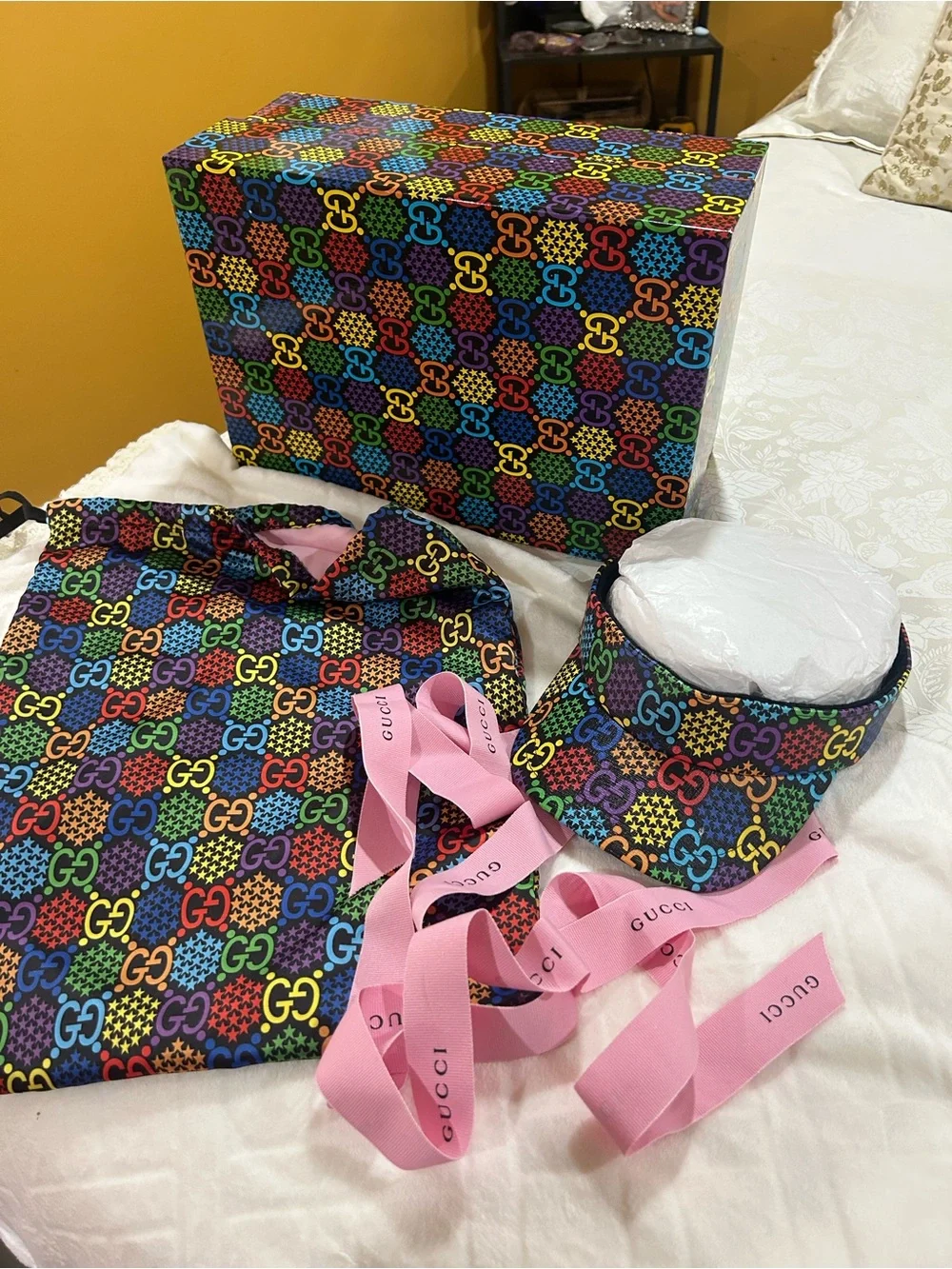 Gucci Unisex Multicolor GG Logo Visor Hat with Pink Ribbon